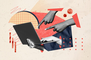 Photo collage person hold laptop browsing internet online remote work freelancer arms fingers...
