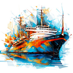 Brightly colored paintings of fishing boats, trawlers, sailing in the open sea.