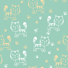 Seamless pattern with cute kitten print. Different scandy cats on color background. Scandinavian style illustration for kids. Vector illustration for fabric, textile, wallpaper, home clothing, pajama