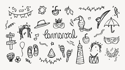 Set of hand-drawn carnival doodles, party, Brazil, confetti, masks.