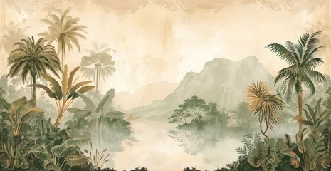 Fotobehang wallpaper jungle and leaves tropical forest - drawing vintage © Andrus Ciprian