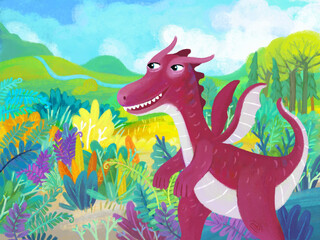 cartoon scene with forest jungle meadow wildlife with dragon dino dinosaur animal zoo scenery illustration for children © honeyflavour