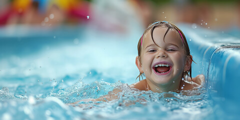 Child laughing and having fun at the water park in the water, water activities in children
