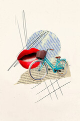 Vertical creative collage poster illustration exclusive bicycle trip weekend leisure element human mouth lips doodle white background
