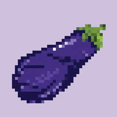 Fototapeta premium 8 bit pixel vector illustration of purple eggplant isolated on square purple background. Simple flat cartoon retro Solanum melongena game art styled drawing.