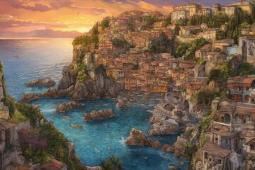 picture of a town on a cliff by the ocean - obrazy, fototapety, plakaty
