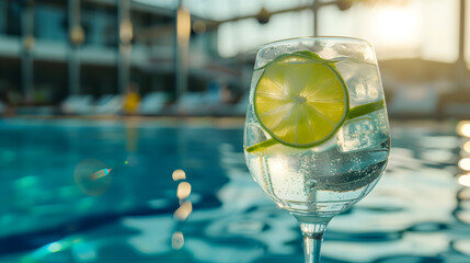 Cinematic wide angle photograph of a gin tonic sparkling cocktail with lime at an olympic pool. Product photography.