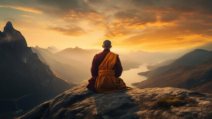 A Tibetan monk from back sitting on the stone near the water in the background of foggy mountains...