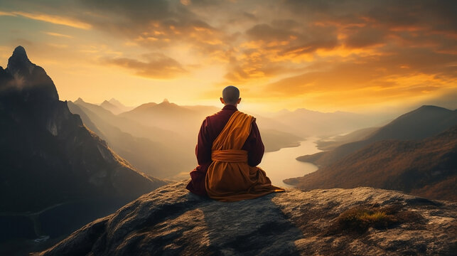 A Tibetan monk from back sitting on the stone near the water in the background of foggy mountains sky, nature, meditation, spiritual growth, house, temple