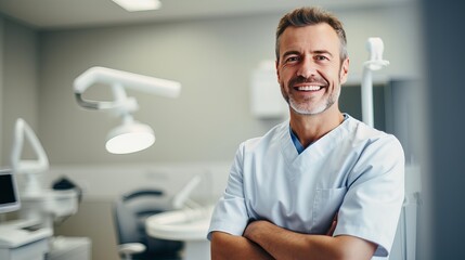 Dentist man smiling while standing in dental clinic. Portrait of confident a young dentist working in his consulting room - obrazy, fototapety, plakaty