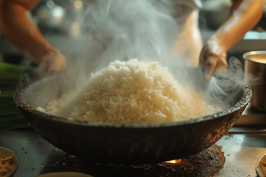 Capture the rice being cooked to perfection, with steam rising as the coconut milk is absorbed, and the pandan leaves infuse their aroma. The image focuses on the transformation of the rice into a flu