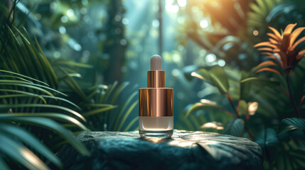 Blank serum or cosmetic set Packed, modern and elegant design Golden and pitch-black tones. in tropical forest the background. for product presentation