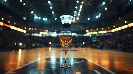Cinematic wide angle photograph of a glass of champagne at a basketball stadium. Product...