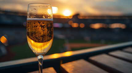 Cinematic wide angle photograph of a glass of champagne at a baseball stadium. Product photography.