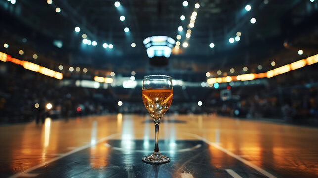 Cinematic wide angle photograph of a glass of champagne at a basketball stadium. Product photography.