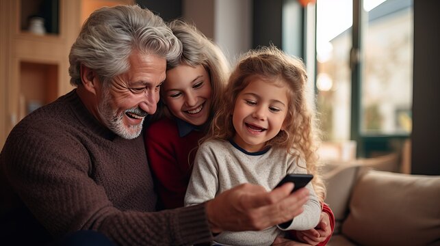 Happy bonding family with two adorable small kids looking at cellphone screen, laughing at funny video or photos in social networks, holding distant video call with grandparents, having fun