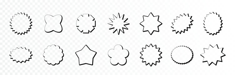 Sun starburst promo frame badge shapes set. Colorful price offer stars decorative sun explosion elements collection. Trendy vintage abstract callout cartoon banners vector templates bundle Isolated