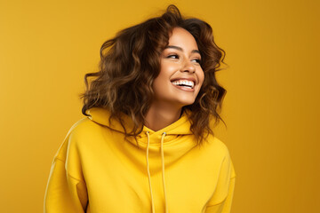 Smiling with white teeth multiracial female not looking into camera in hoodie on isolated yellow background studio portrait. Positive people announcement concept