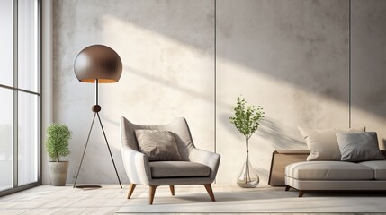 Modern living room interior with floor lamp and hanging armchair