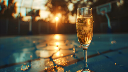 Cinematic wide angle photograph of a glass of champagne ar a basketball court. Product photography.