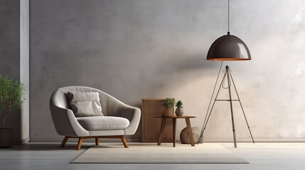 Modern living room interior with floor lamp and hanging armchair