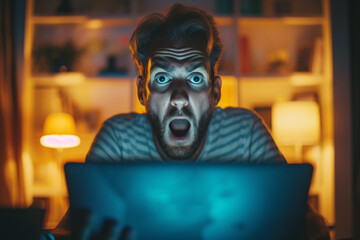 An individual checking their bank account online and gasping in horror as they discover unauthorized transactions made by scammers - obrazy, fototapety, plakaty
