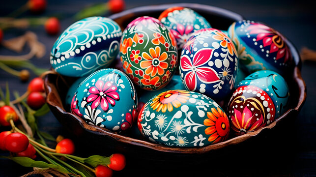 a bowl of painted eggs on a table