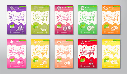 Fototapeta na wymiar Citrus, Fruits and Berries Yogurt Label Templates Set. Abstract Vector Dairy Packaging Design Layouts Collection. Modern Banner with Hand Drawn Fruit Illustrations Backgrounds Bundle Isolated