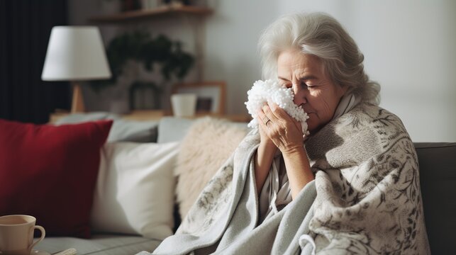 Sick senior woman checking her temperature wrapped in a blanket on the sofa suffering from headache. Elderly person with seasonal flu or cold feel unhealthy with influenza at home