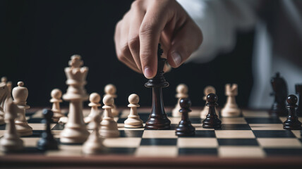 Close up of businessman hand playing chess game