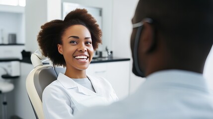 Fototapeta premium Smiling dentist communicating with African American woman while checking her teeth during dental procedure at dentist's office