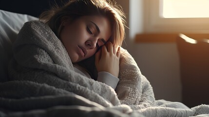 Sick woman with headache sitting under the blanket. Sick woman with seasonal infections, flu, allergy lying in bed. Sick woman covered with a blanket lying in bed with high fever and a flu,
