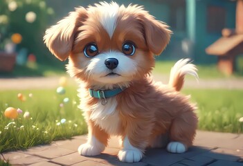 a cute adorable baby dog  rendered in the style of children-friendly cartoon animation fantasy style - obrazy, fototapety, plakaty