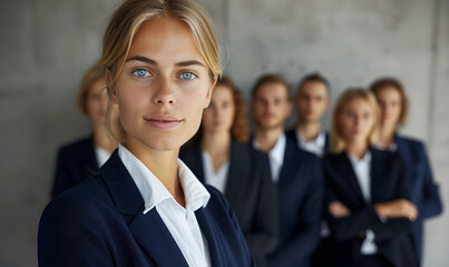 Fototapeta premium Smiling business woman leader standing in office at team meeting, business woman standing in office with work colleagues. Confident woman in formal wear stands at her workplace..