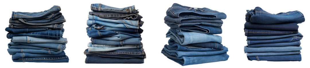 stack of different kind of blue jeans, on Transparent background
