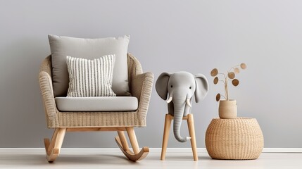 Stlish interior of living room with rattan armchair, wooden stool, elephant figure and decoration in modern home decor. Copy space. Template - obrazy, fototapety, plakaty