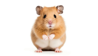 Adorable golden-brown hamster standing on hind legs with big black eyes and fluffy fur, isolated on a white background, epitome of cute pet.