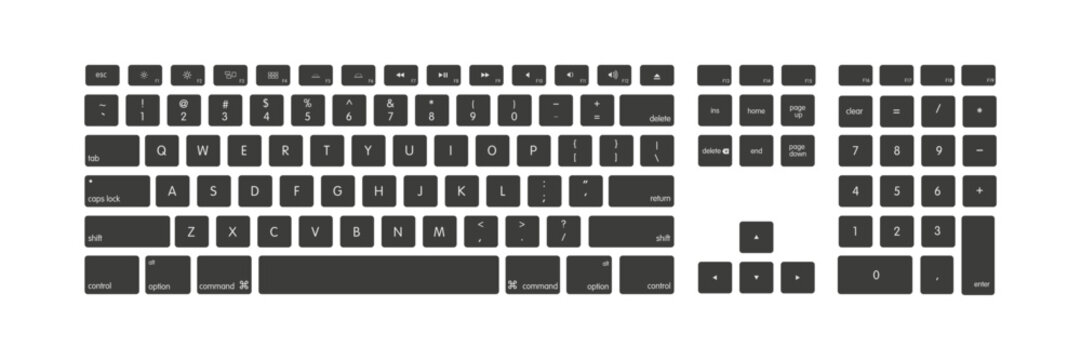 Keyboard laptop and computer isolated, blank black modern key button icon. Vector