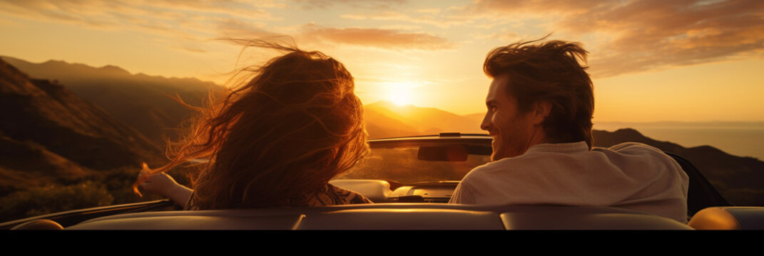 Couple in love travels, couple man and woman traveling in car, Landscape view under sunset light. Man and Woman traveler enjoys convertible on a summer day.