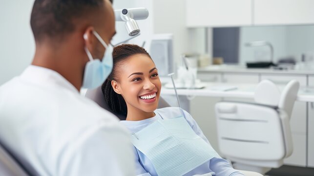 Smiling dentist communicating with African American woman while checking her teeth during dental procedure at dentist's office