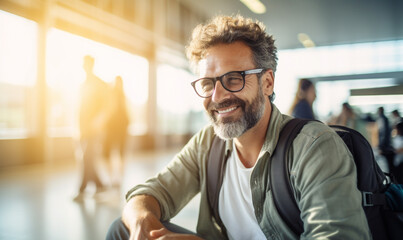 Smiling man with glasses traveler in airport, man sitting at the terminal waiting for her flight in boarding lounge. - obrazy, fototapety, plakaty