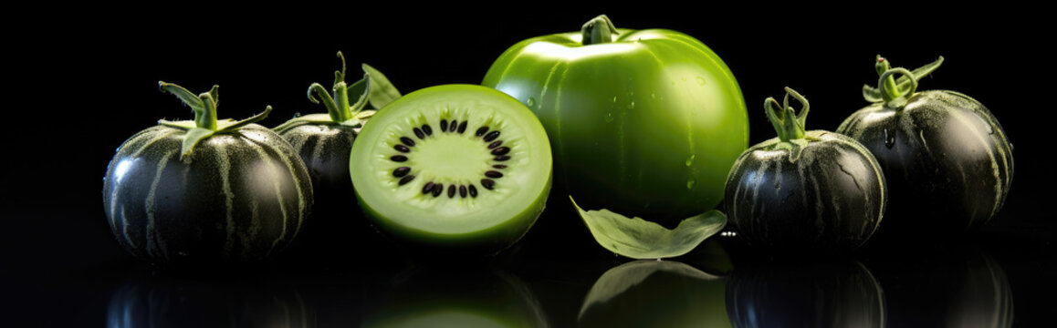 Surreal image of black tomatoes and a green kiwi fruit on a reflective surface.
