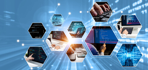 Computer programming, coding and AI artificial intelligence software development engaged by skilled...