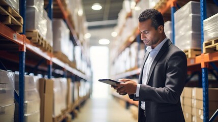 Young hispanic man business worker using touchpad at storehouse - obrazy, fototapety, plakaty