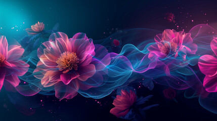 Abstract fluid ultraviolet concept with flowers levitate in the space. - obrazy, fototapety, plakaty