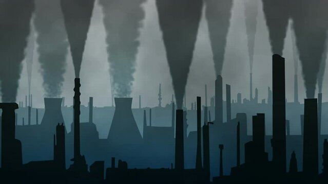 Industrial, pollution and animation with smoke from refinery, factory and mining coal with dark clouds. Air, smog and danger to environment from fossil fuel, energy and co2 risk for climate change