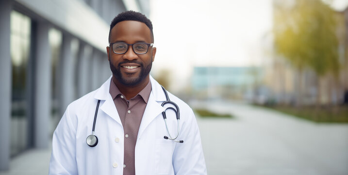 Portrait Of african american Male Doctor Wearing White Coat and glasses Standing near hospital. copy space banner