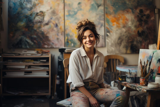 Portrait of a smiling brunette artist woman in art studio, copy space banner