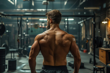 Fototapeta na wymiar Muscle Man training in gym, view of muscle at the back, enhanced version, large, commercial sports 