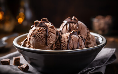 chocolate scoops of ice cream in the bowl on dark background